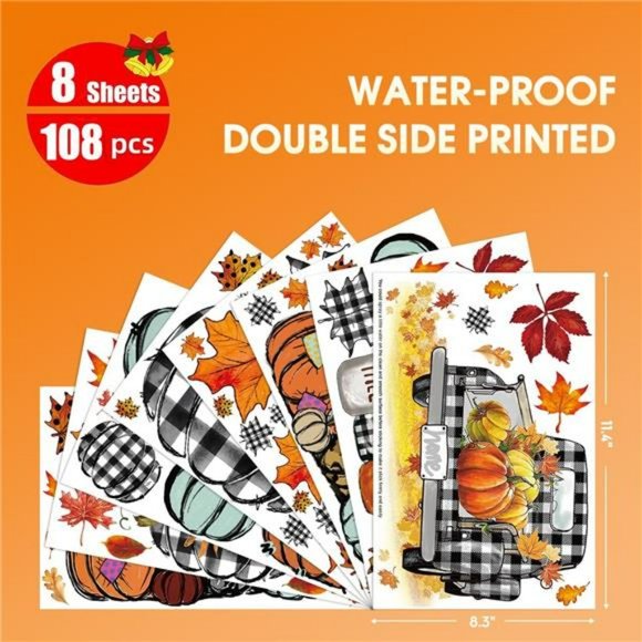 108 PCS Fall Window Cling Sticker, Thanksgiving Autumn Harvest Pumpkin Truck - Picture 5 of 6